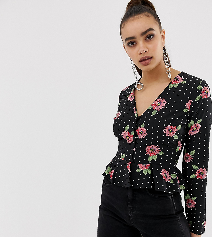 Missguided button through peplum blouse in mixed print