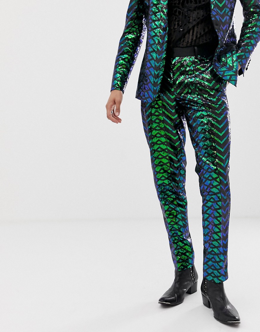 ASOS EDITION skinny tuxedo trousers in green geo patterned sequins