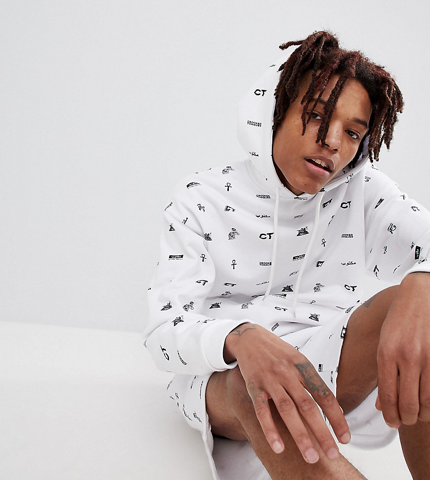 Crooked Tongues Oversized Hoodie In White With All Over Logo Print - White