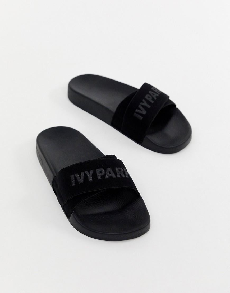 Ivy Park Logo Taped Stripe Sliders - Black