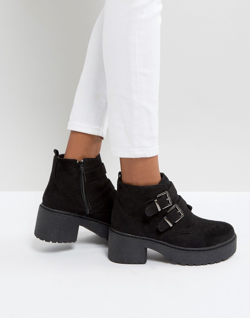 Park Lane Chunky Sole Buckle Boots - Black micro