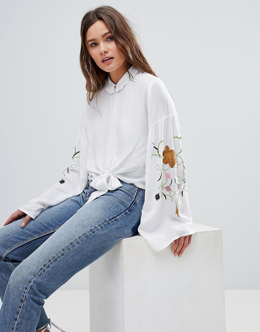 Glamorous High Neck Blouse With Embroidered Sleeves - White