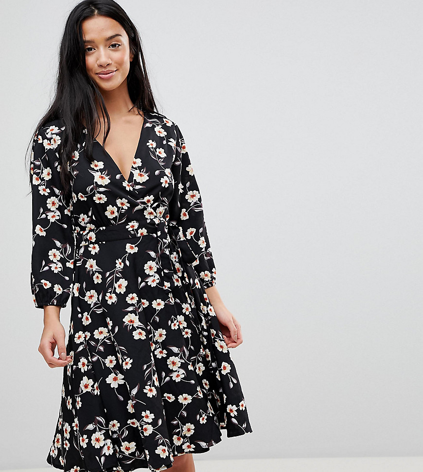 Yumi Petite Wrap Dress in Floral Print - Black