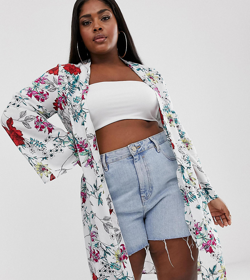 Boohoo Plus exclusive kimono with belted waist in white floral
