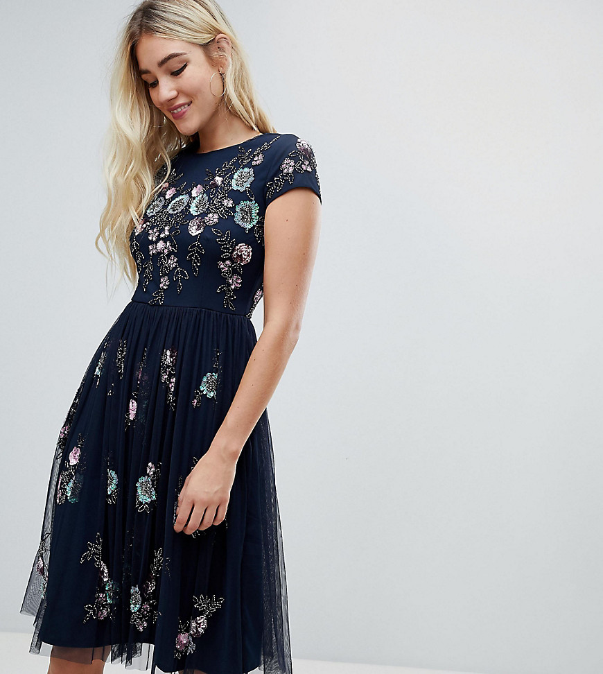 Lace & Beads scatter embellished tulle midi dress in navy