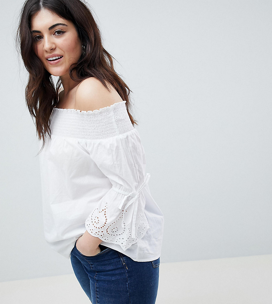 Influence Plus Bardot Top With Broderie Sleeve Detail - White