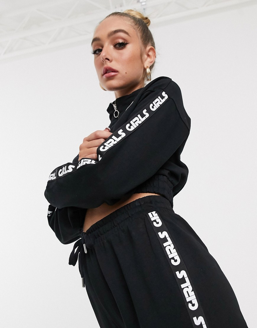 ASOS DESIGN tracksuit sweat with half zip / jogger with printed tape