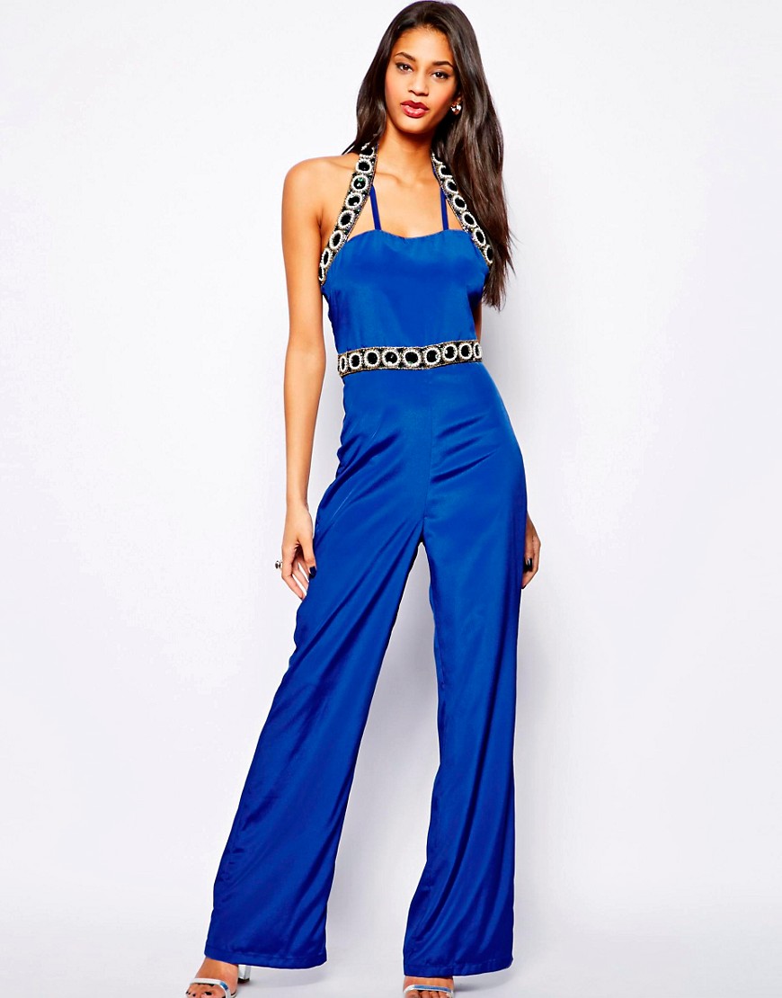 Virgos Lounge Cobalt Blue Embellished Halter Neck Jewel Jumpsuit Dress ...