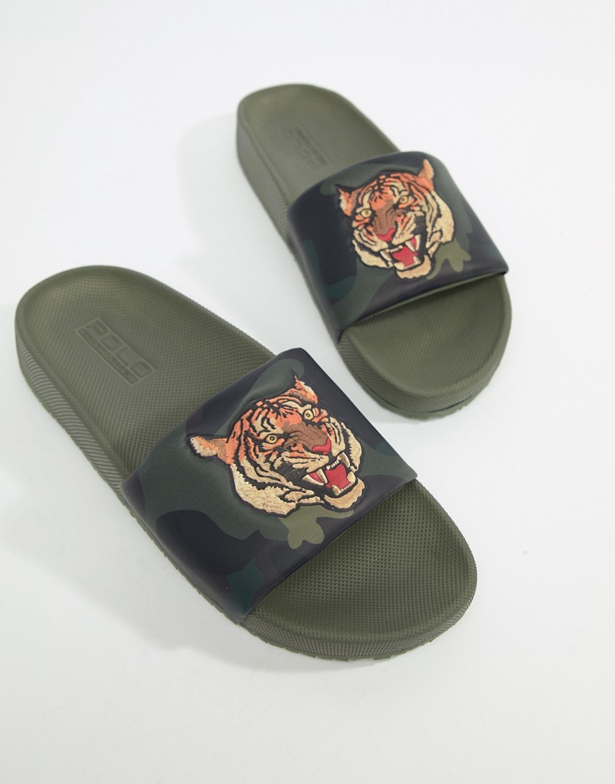 Polo Ralph Lauren Cayson Summer Sliders Tiger Camo Print in Green - Olive camo