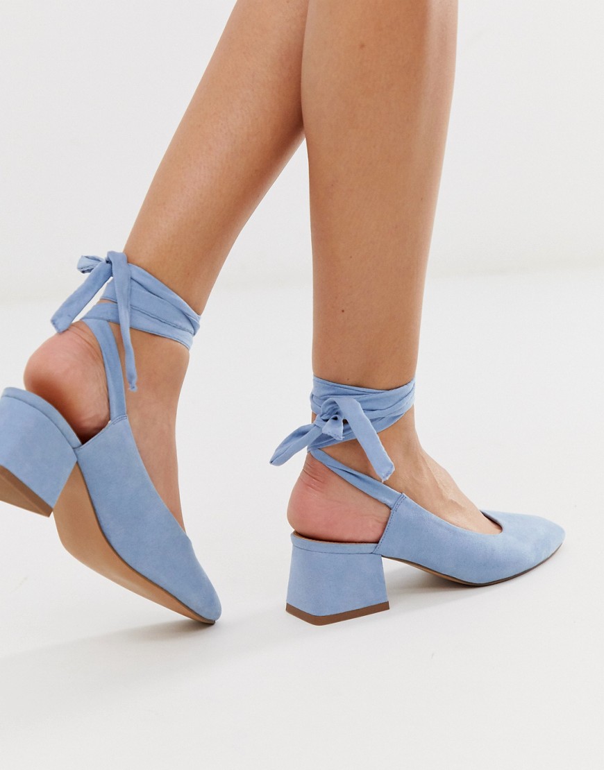 ASOS DESIGN Steps tie leg mid heels in pale blue
