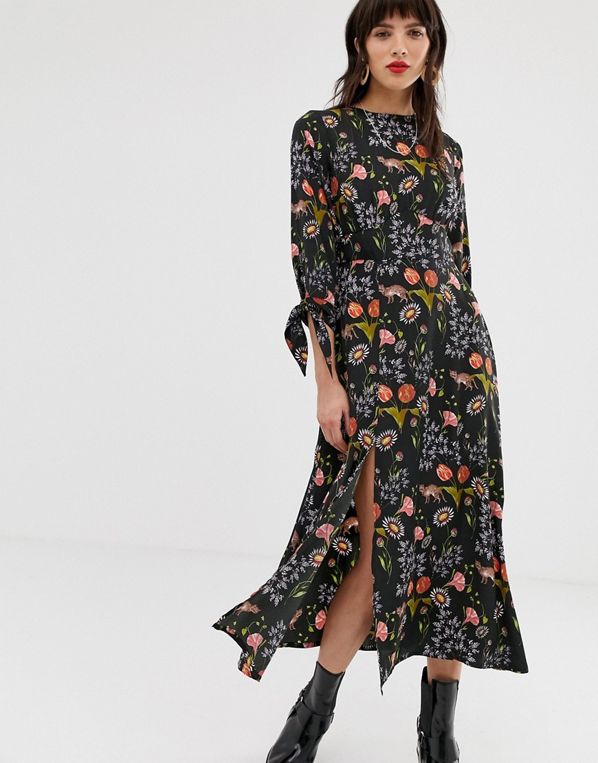 Neon Rose midaxi tea dress with tie cuffs and side split in botanical print