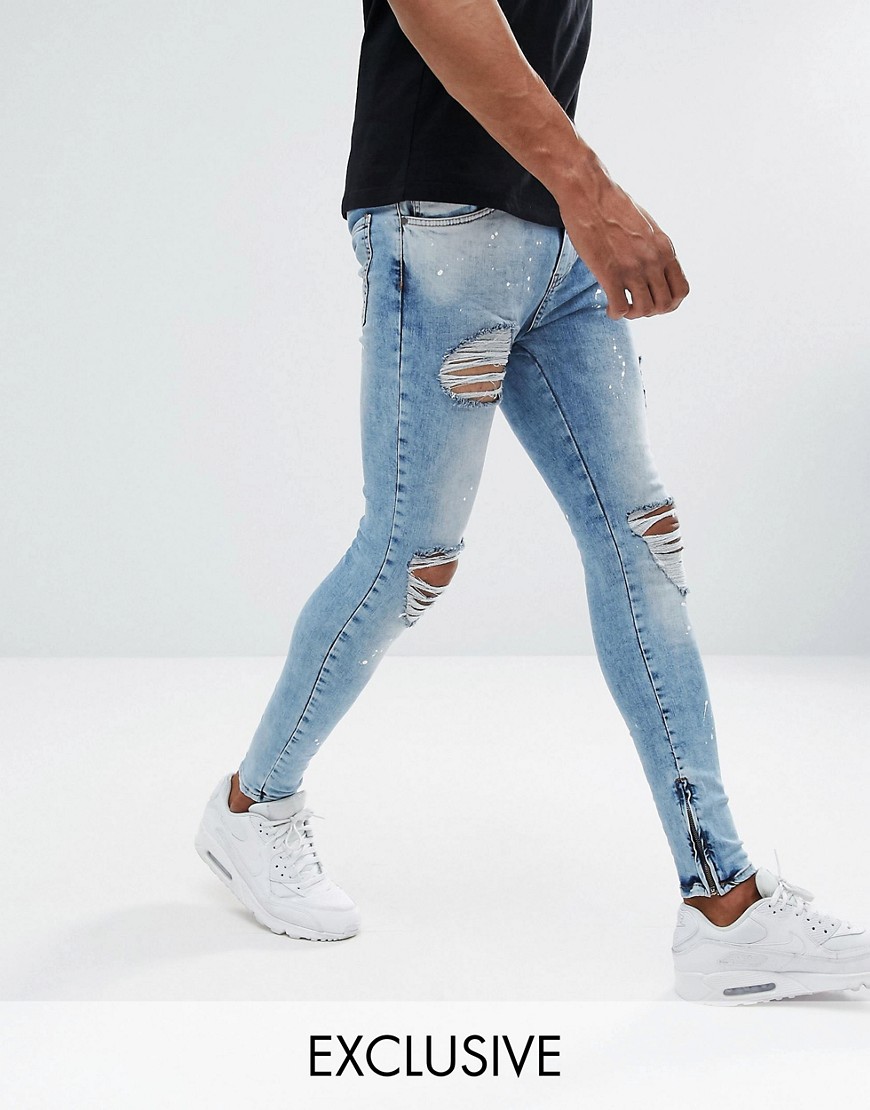 Rose London Muscle Fit Jeans In Blue With Distressing - Blue