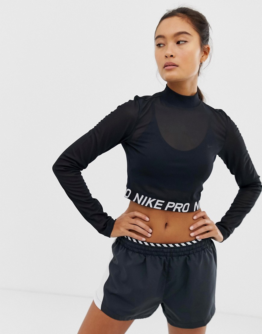 Nike Training Long Sleeve Mesh Crop Top In Black