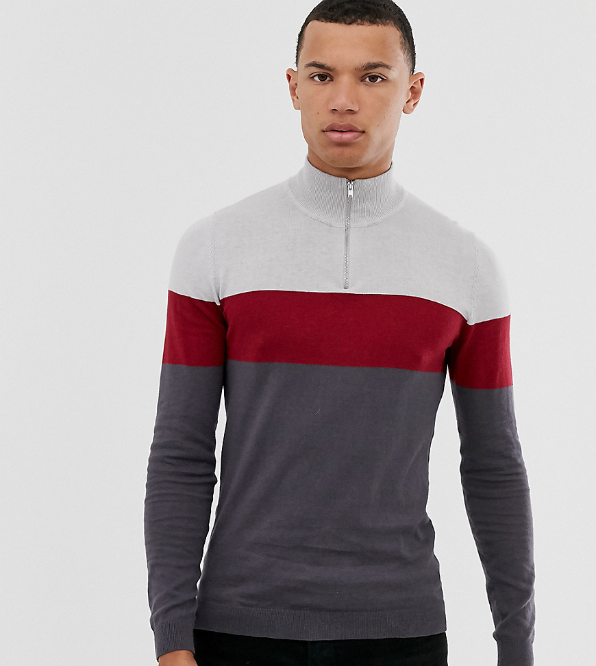 ASOS DESIGN Tall knitted half zip jumper in grey stripe