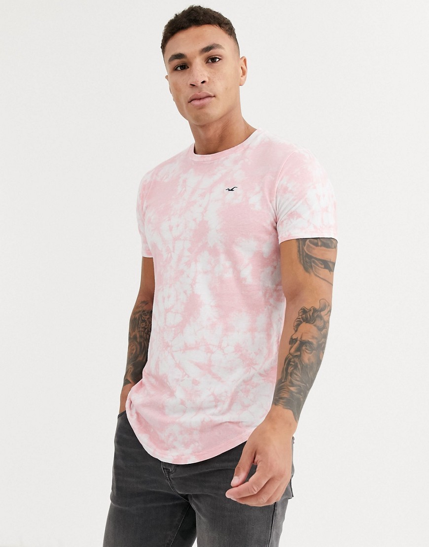 Hollister icon logo curved hem washed out t-shirt in pink wash