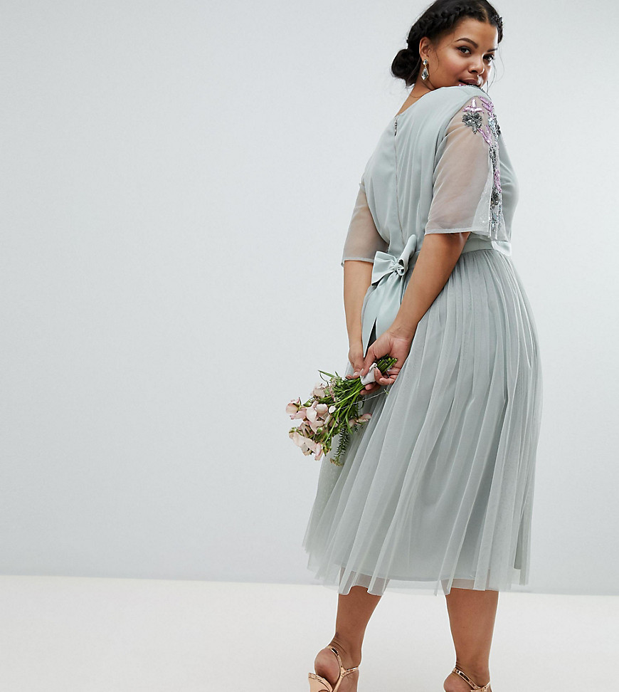Maya Plus Embellished Tulle Sleeve Midi Tulle Dress