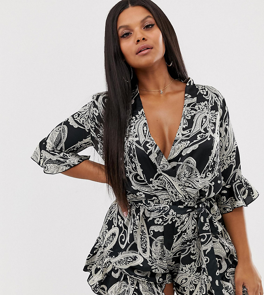 Boohoo Plus satin playsuit with ruffle trim in black paisley