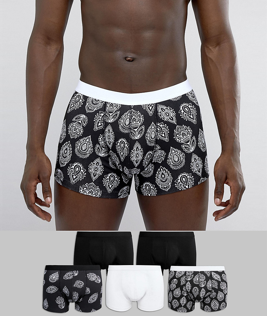 ASOS DESIGN trunks in monochrome with paisley print 5 pack - Monochrome