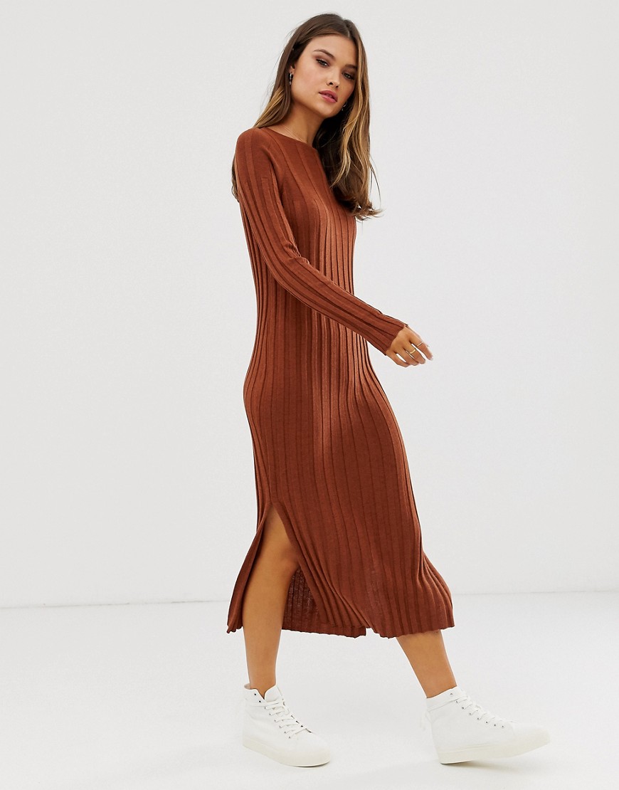 Asos Design Fine Knit Ribbed Midi Dress In Recycled Blend-brown