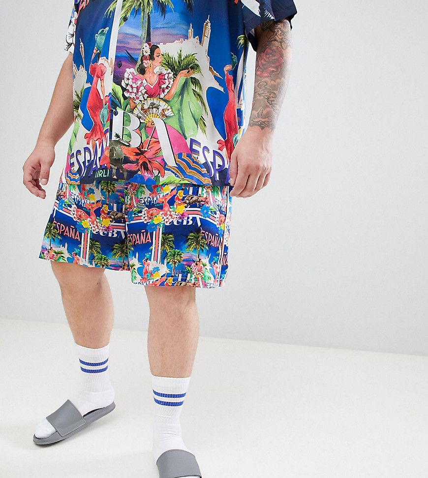 ASOS DESIGN Plus Co-ord slim shorts with elasticated waistband in tropical postcard print with white side piping