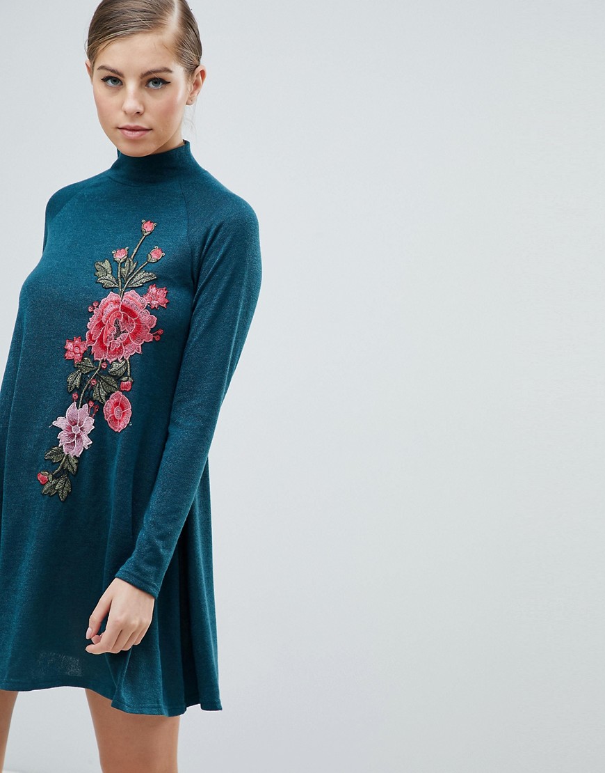 AX Paris Long Sleeve Swing Dress With Embroidered Detail