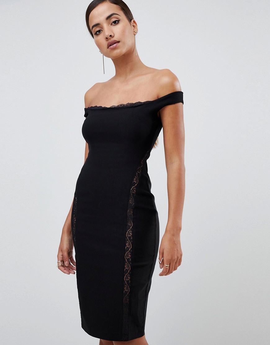 Vesper lace underlay bardot bodycon midi dress in black