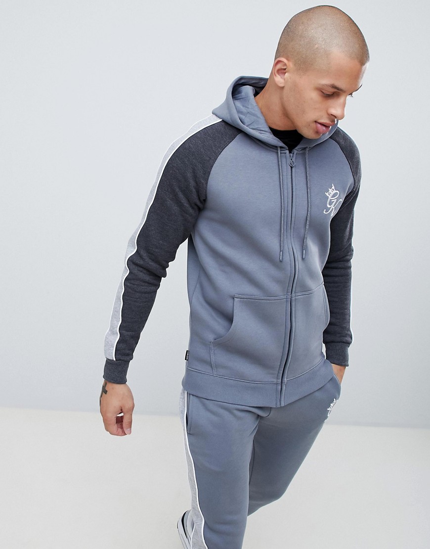 Gym King muscle hooded sweat with side stripes in grey