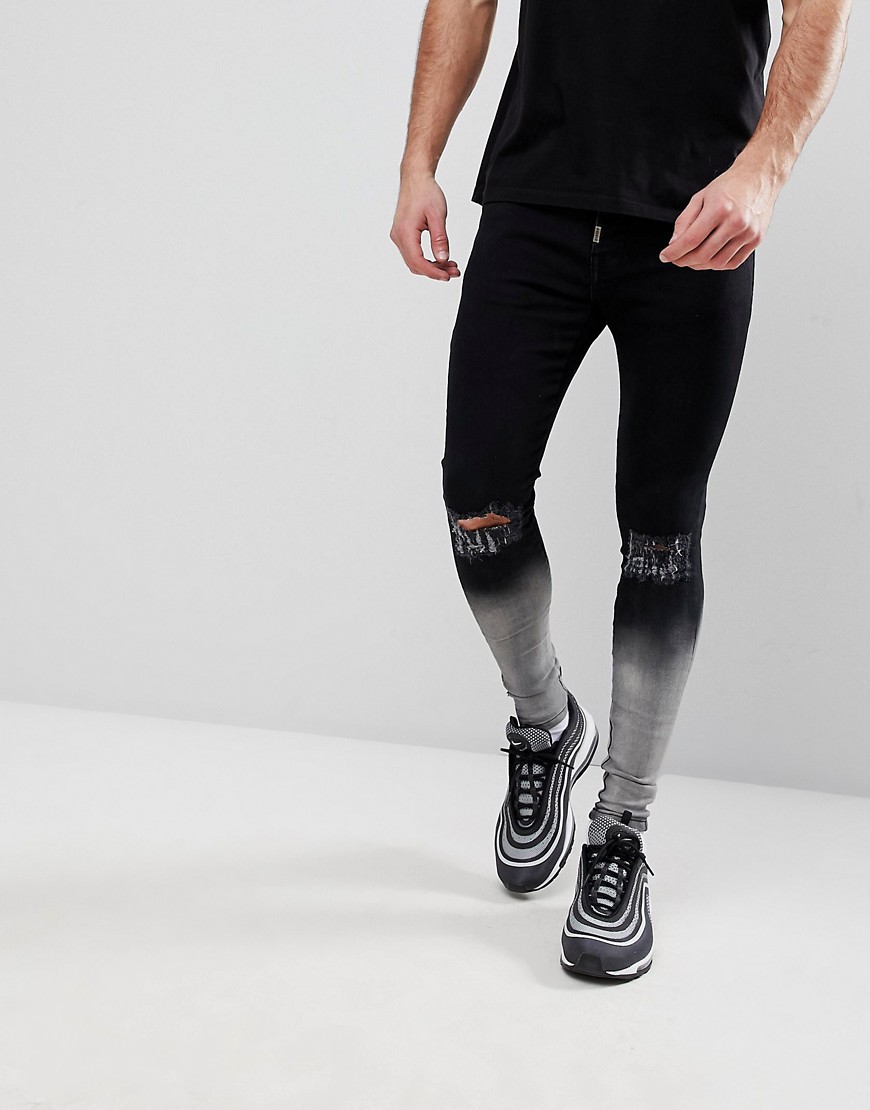 Ascend Denim Super Skinny Muscle Fit Jeans in Extreme Rip Dip Dye - Black