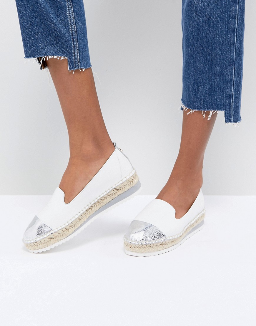 Dune Slip White Leather Espadrilles With Silver Toe Cap - White leather