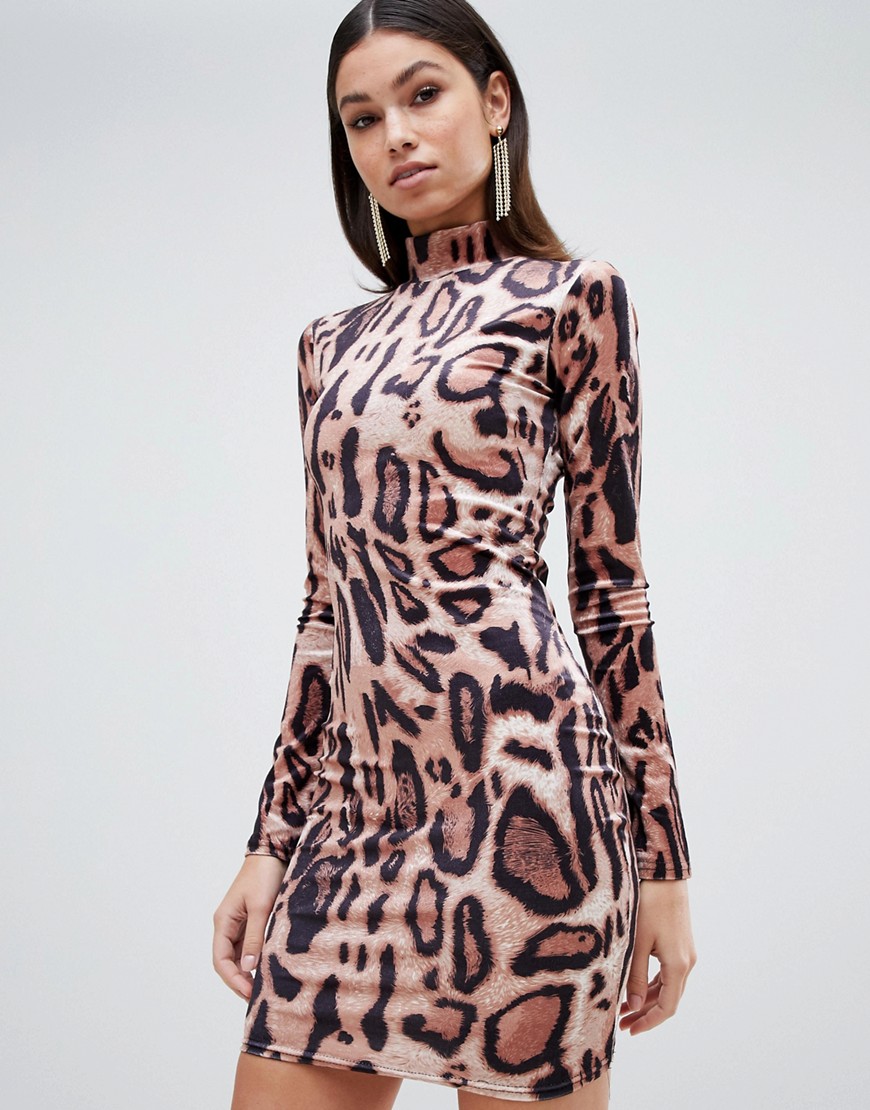 Club L high neck leopard print mini bodycon dress in velvet