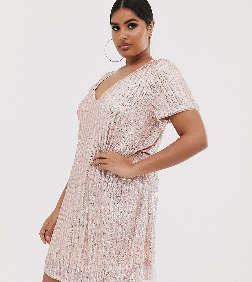 TFNC Plus stripe sequin t-shirt dress in pink and silver