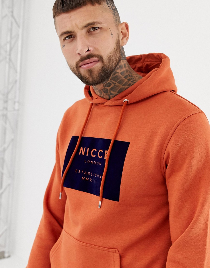 Nicce hoodie in orange with navy velour box logo