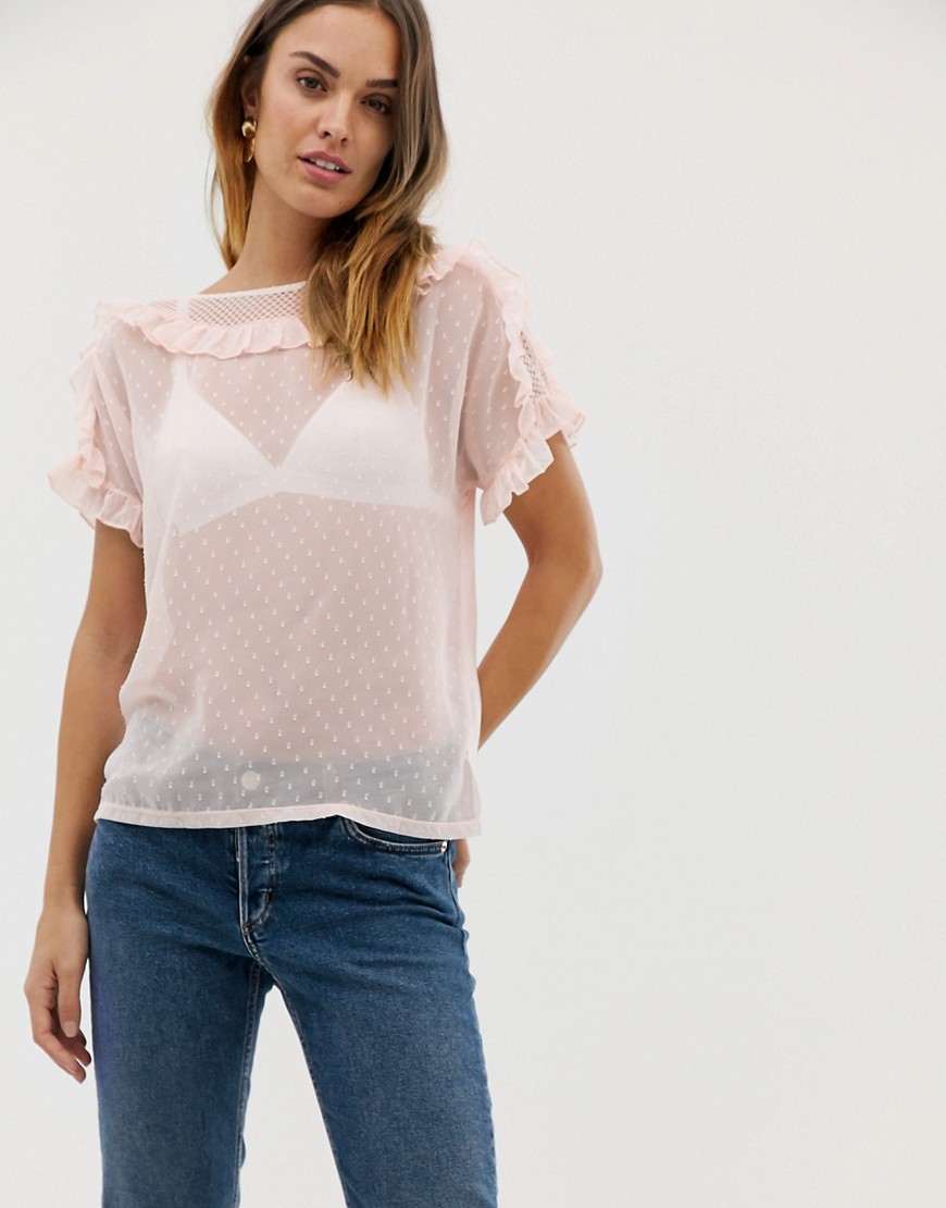 Naf Naf romantic laced woven top with ruffle details