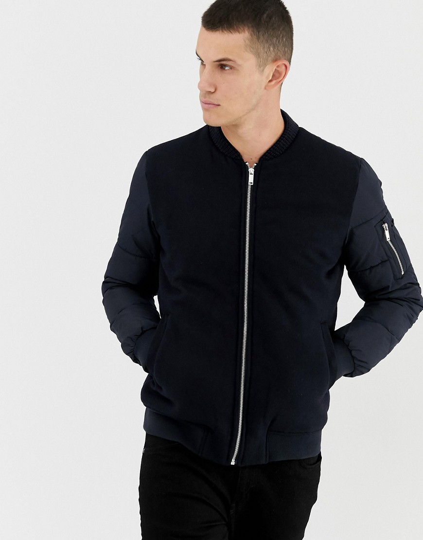 Celio padded bomber with contrast fabric in blue