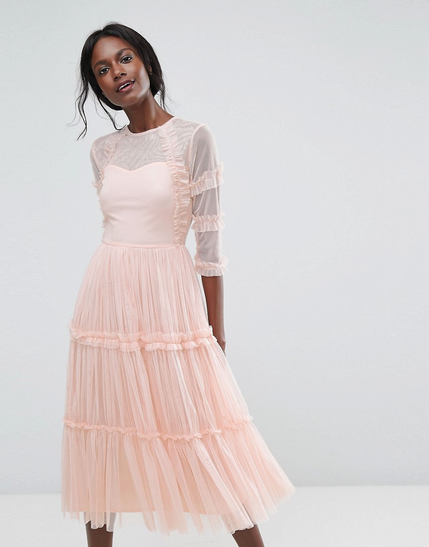Lace & Beads Tiered Sheer Tulle Midi Dress with 3/4 Sleeve - Nude