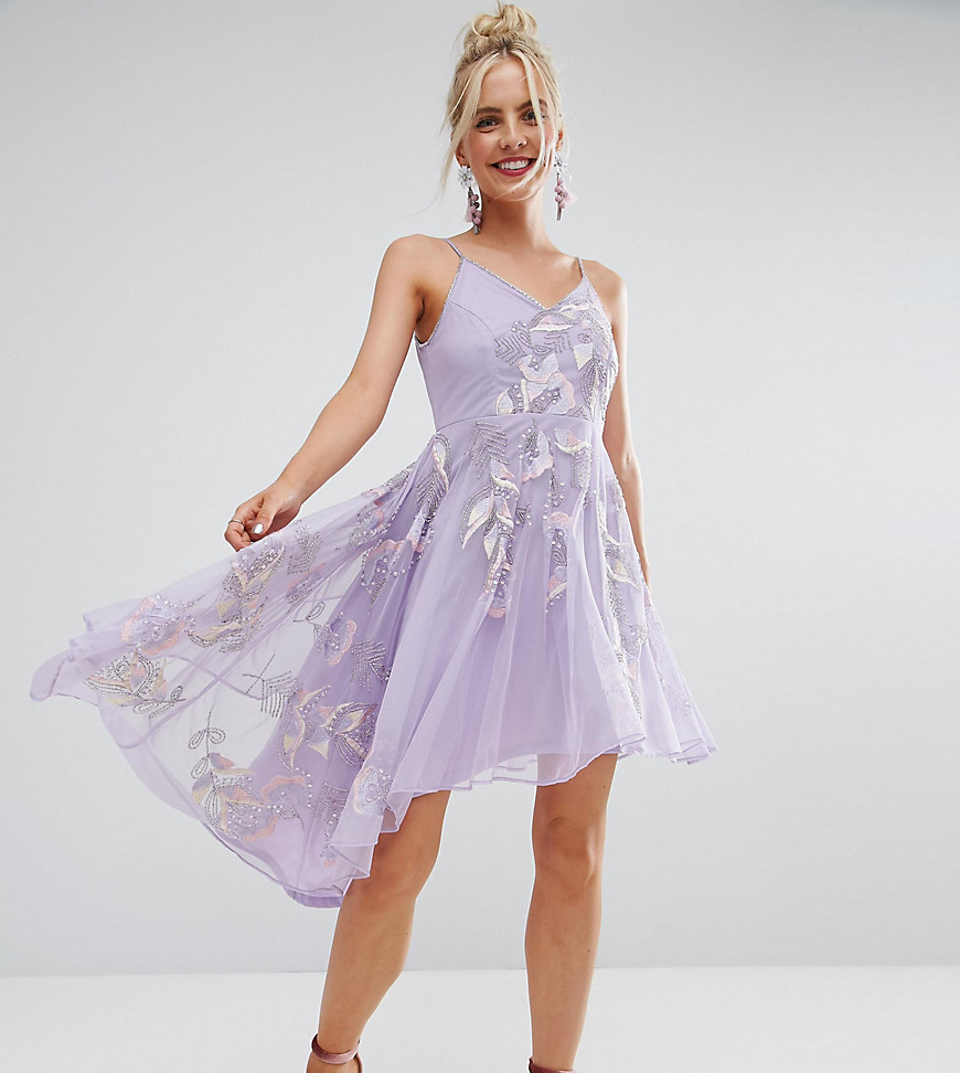 Frock And Frill Petite Embroidered Cami Strap High Low Midi Dress With Plunge Back Detail - Lilac