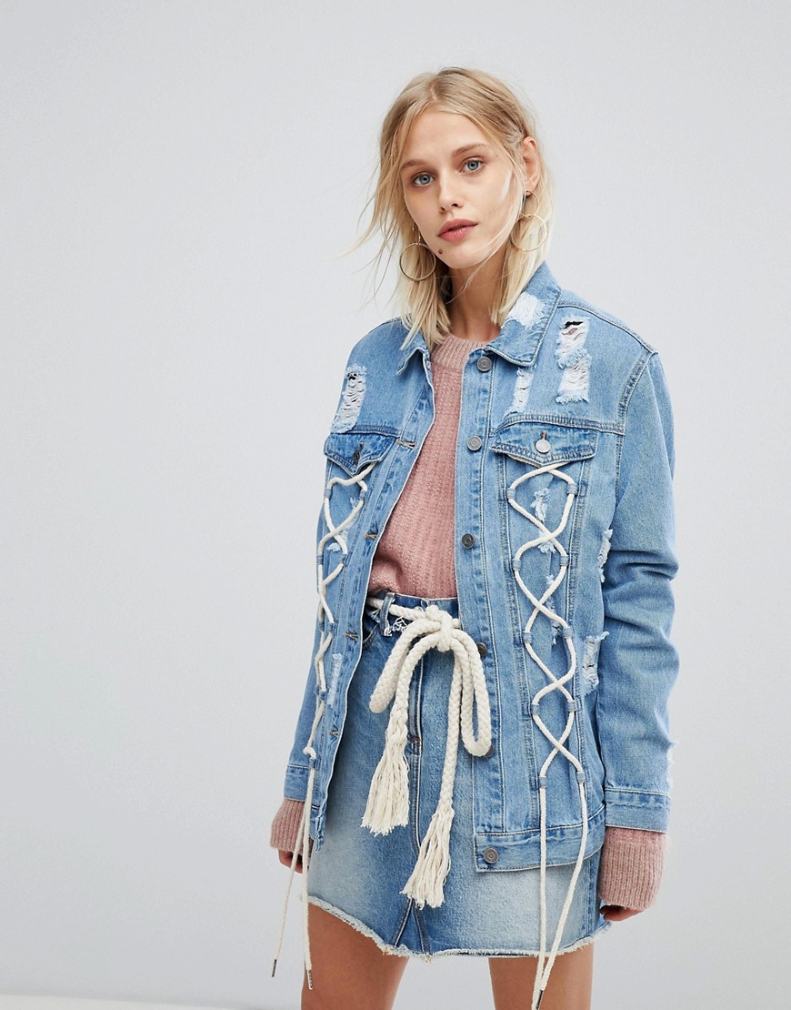 Current Air Distressed Girlfriend Fit Denim Jacket with Lace Up Detail - Midwash blue