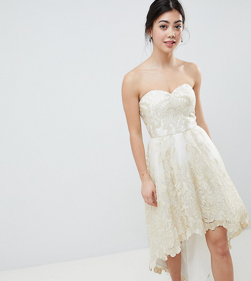 Chi Chi London Petite Premium Lace Bardot Prom Dress with Extreme High Low Hem