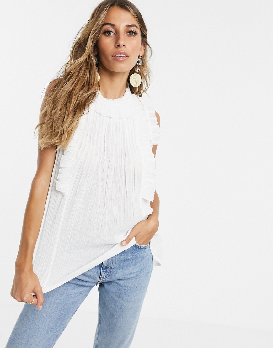 Y.A.S ruffle high neck top in textured cotton