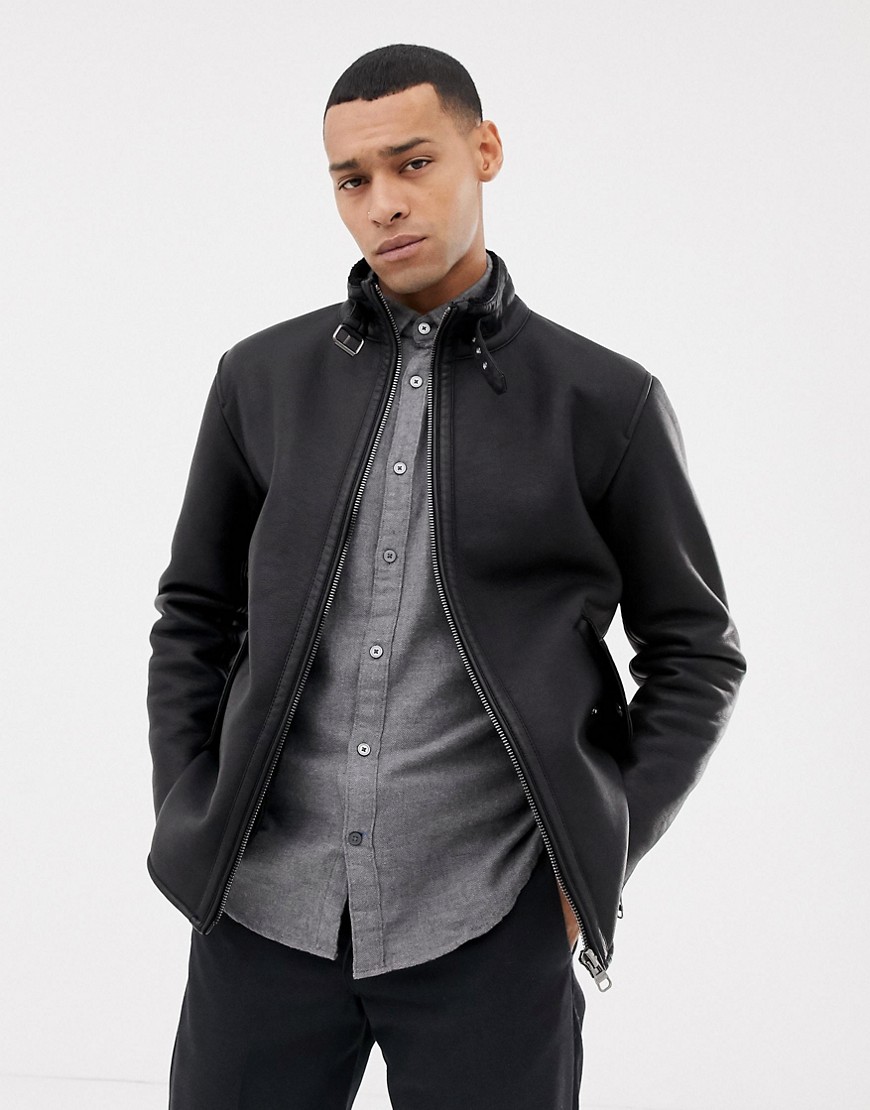 Esprit shearling lined faux leather biker jacket in black