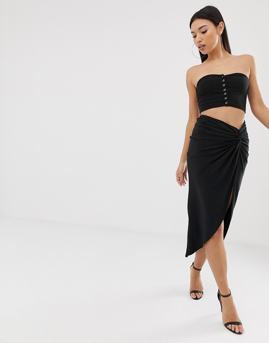 Club L knot front ruched skirt in black
