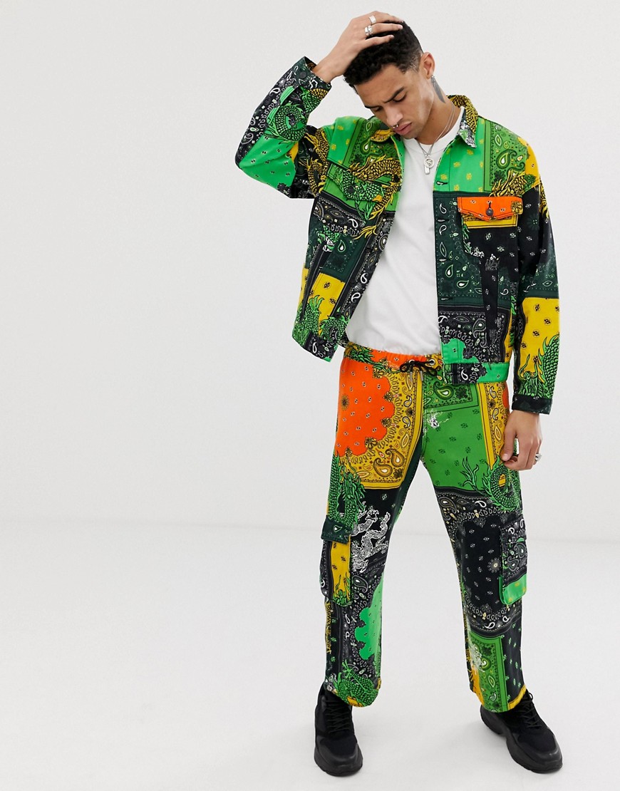 Jaded London cargo trousers in green and yellow dragon paisley print