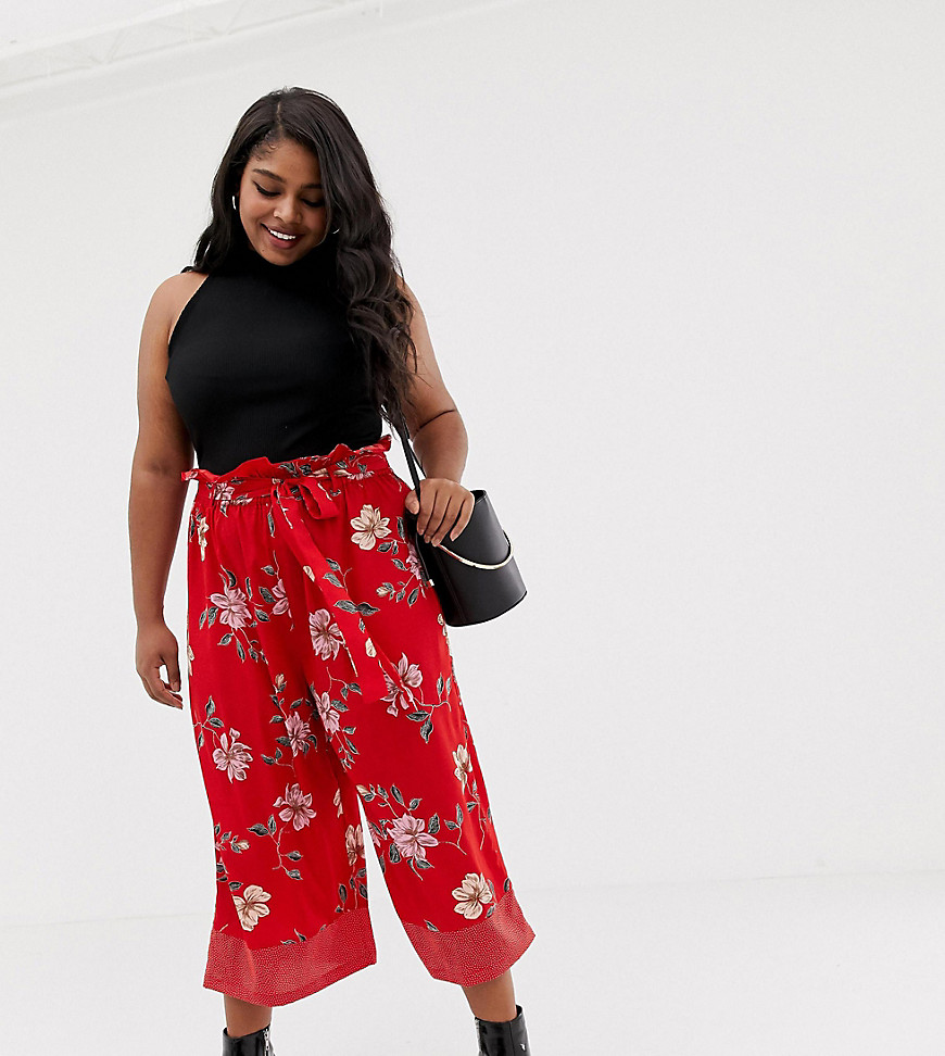 Influence Plus wide leg floral and polka dot trousers with tie waist