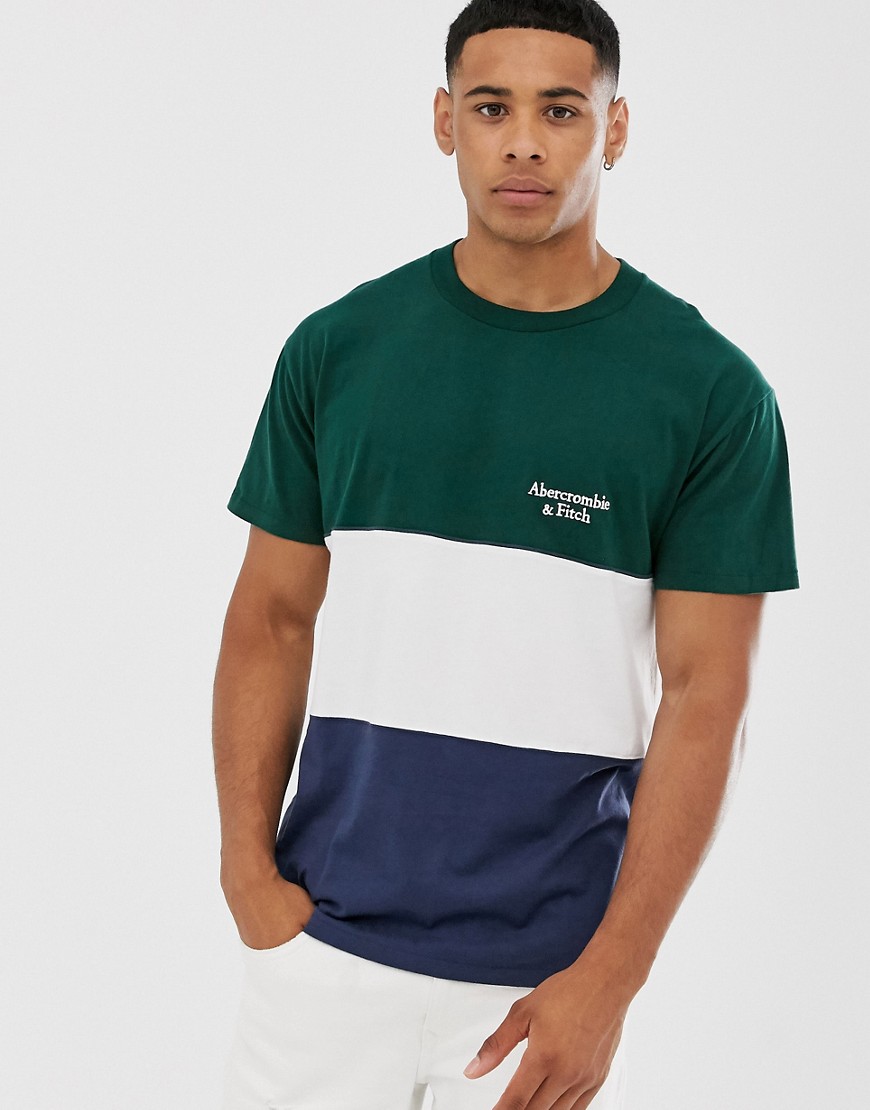Abercrombie & Fitch colourblock small logo t-shirt in green/white/navy
