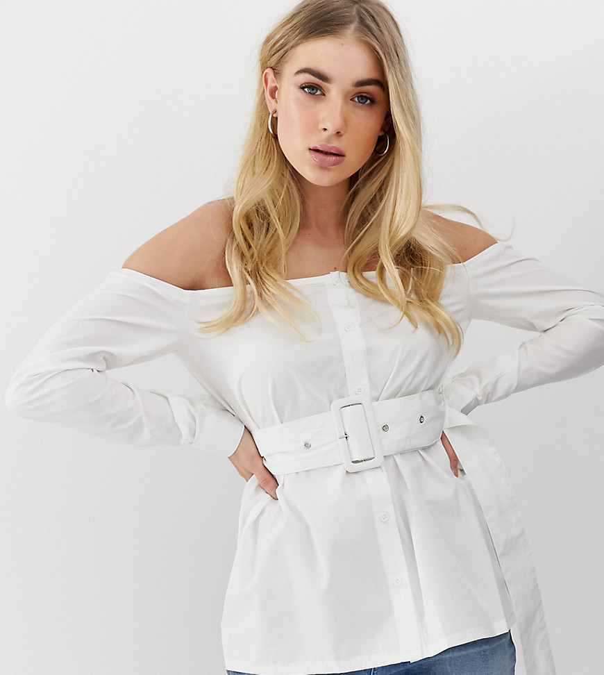 PrettyLittleThing off the shoulder shirt with belt in white