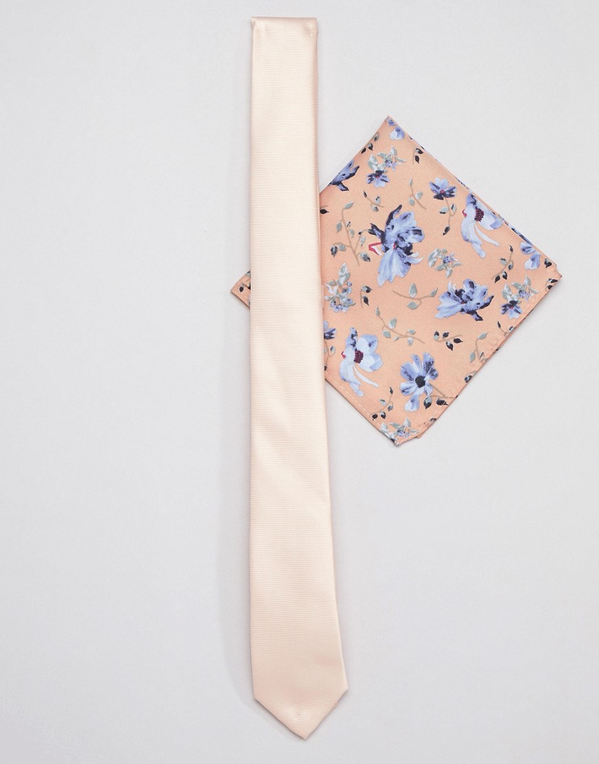 Персиковый узкий галстук и платок для пиджака с цветочным принтом ASOS ASOS DESIGN 