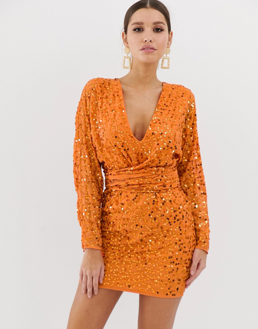 Asos Design Mini Dress With Batwing Sleeve And Wrap Waist In Orange Scatter Sequin-multi