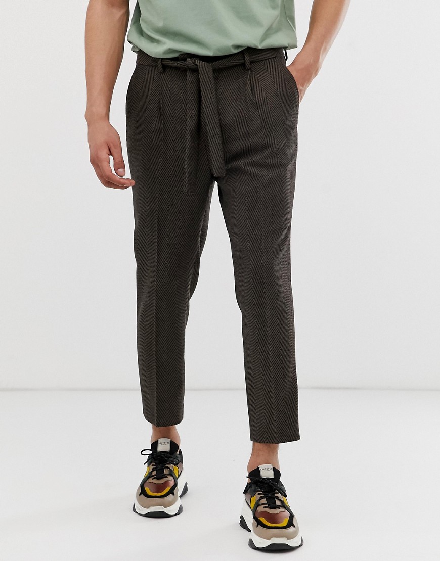 Asos Design Tapered Smart Pants In Brown Wool Mix Wide Herringbone With Tie Belt