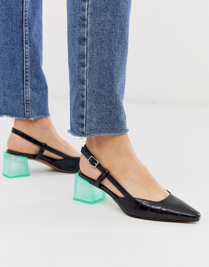 ASOS DESIGN Sleek square toe slingback mid-heels in black croc