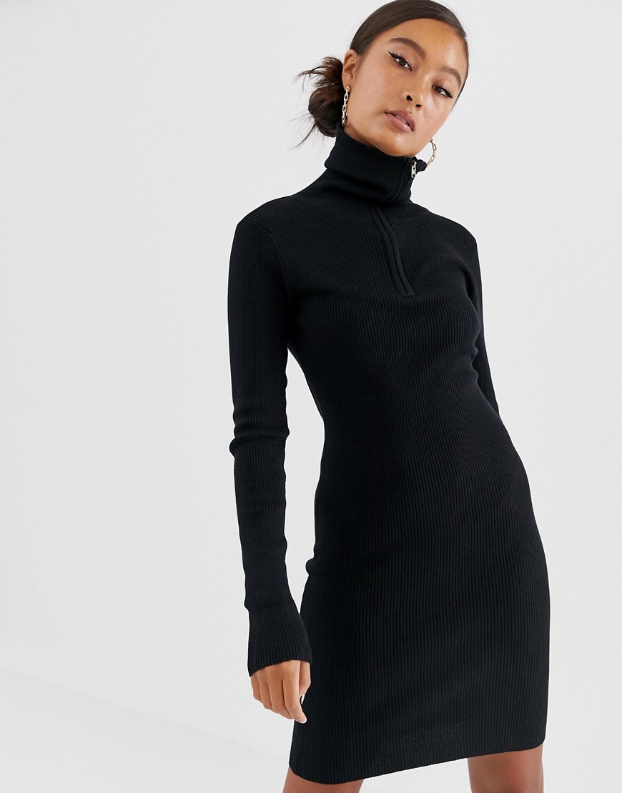 JDY zip neck ribbed mini jumper dress in black